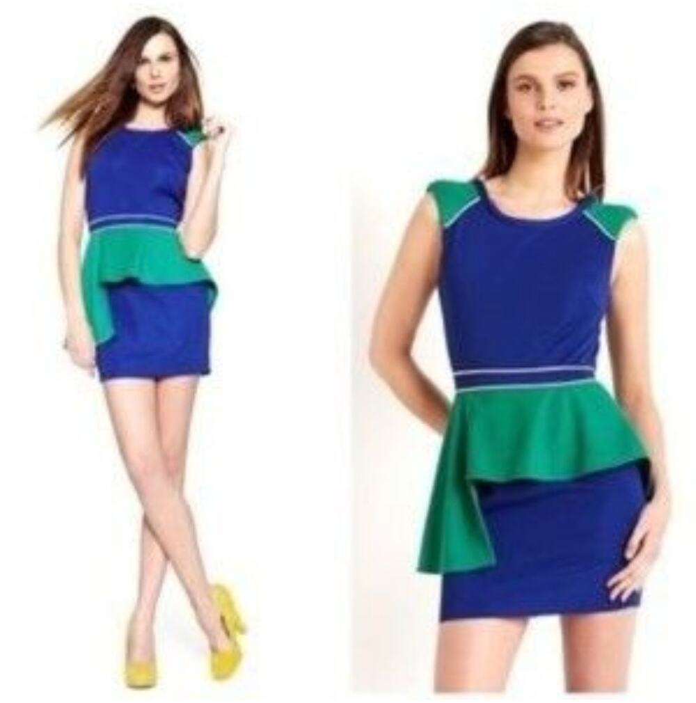 Gracia Blue & Green Colorblocked Mini Peplum Dress Career Office Workwear Size S